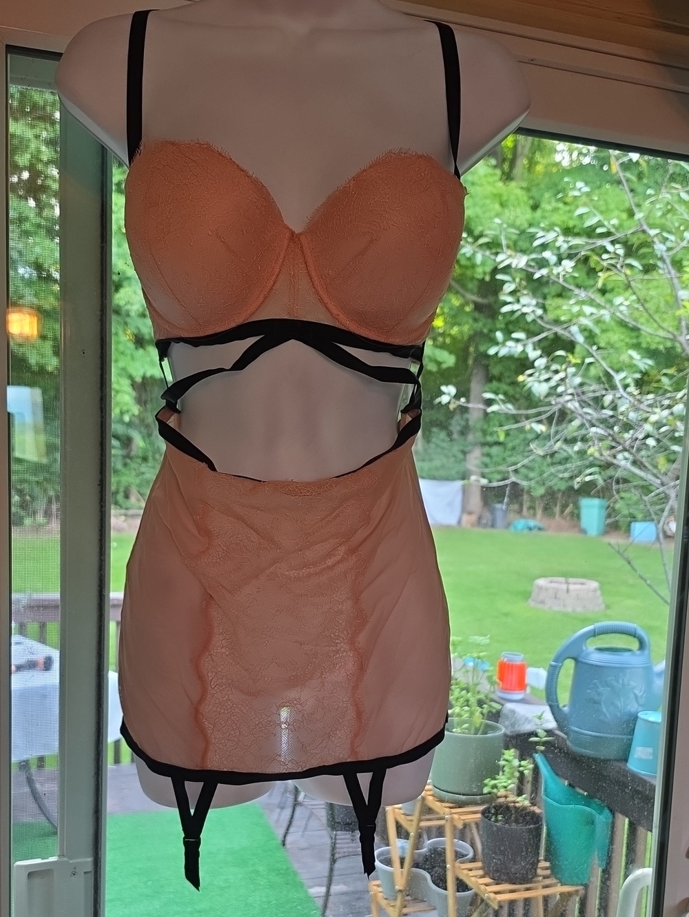 Victoria's Secret Peach Lace Chemise with Black Straps Light Push Up